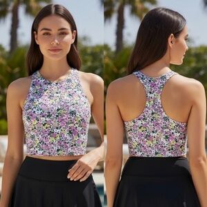 Land's End Racer Back High Neck Tankini top white multi ditzy floral Various